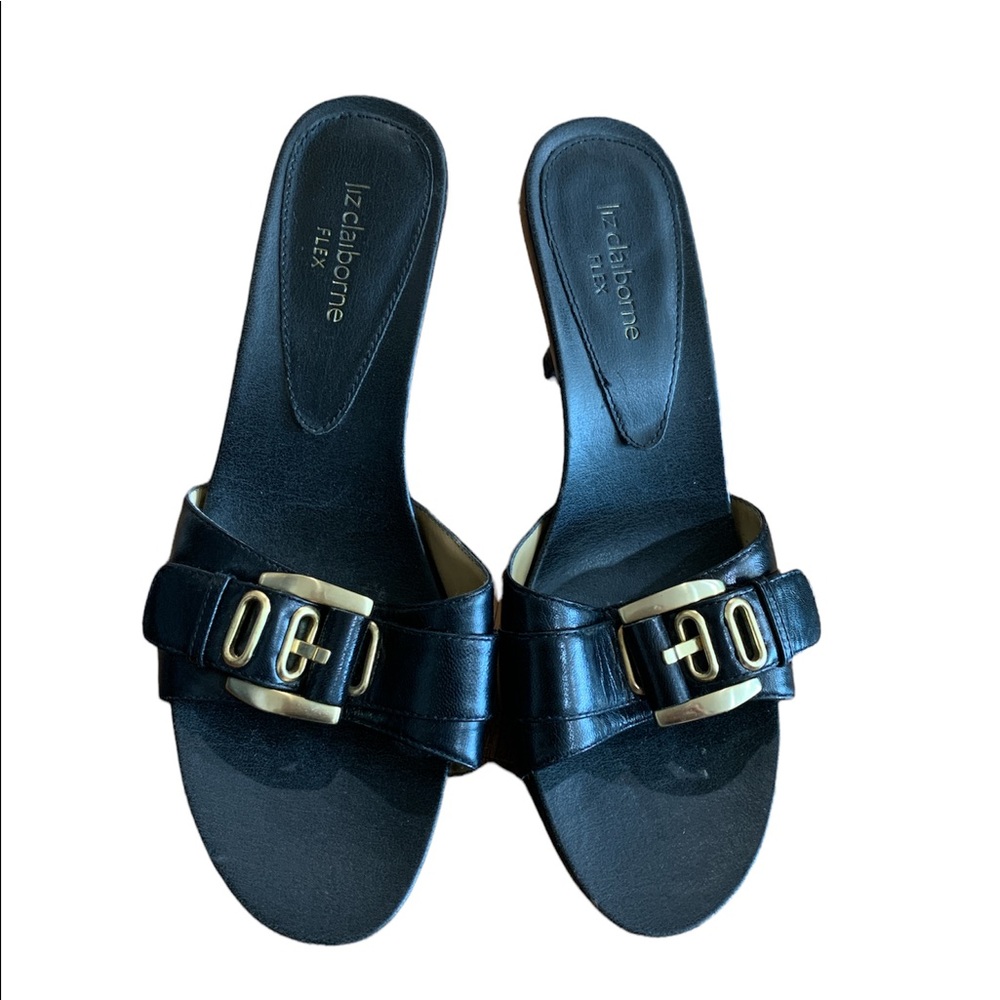 Womens black and gold Liz Claiborne Flex high heel sandal size 7.5